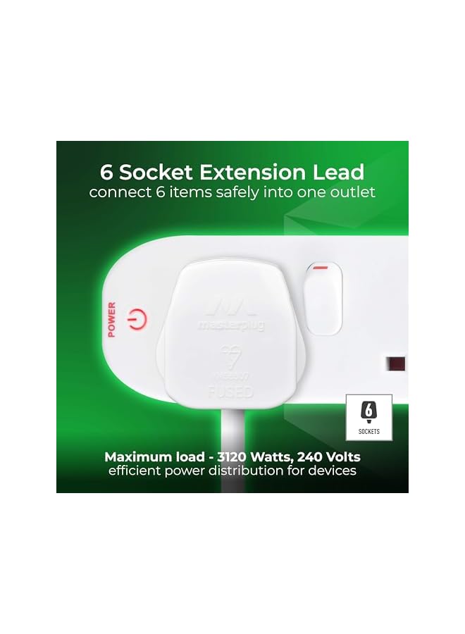 promass Six Socket Extension with Individual Switches, 2 Metres, White - Image 2