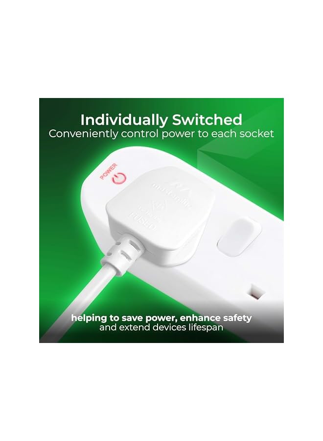 promass Six Socket Extension with Individual Switches, 2 Metres, White - Image 5