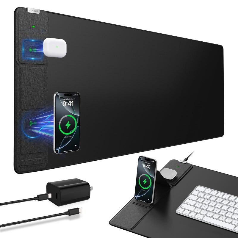 abc.mat Wireless Charging Mouse Pad with Foldable Phone Holder, 31.5"x15.8" Extended Desk Mat for Laptop/Keyboard, Waterproof Ultra-Smooth Surface, Non-Slip Base & 20W PD Adapter, Black - Image 1