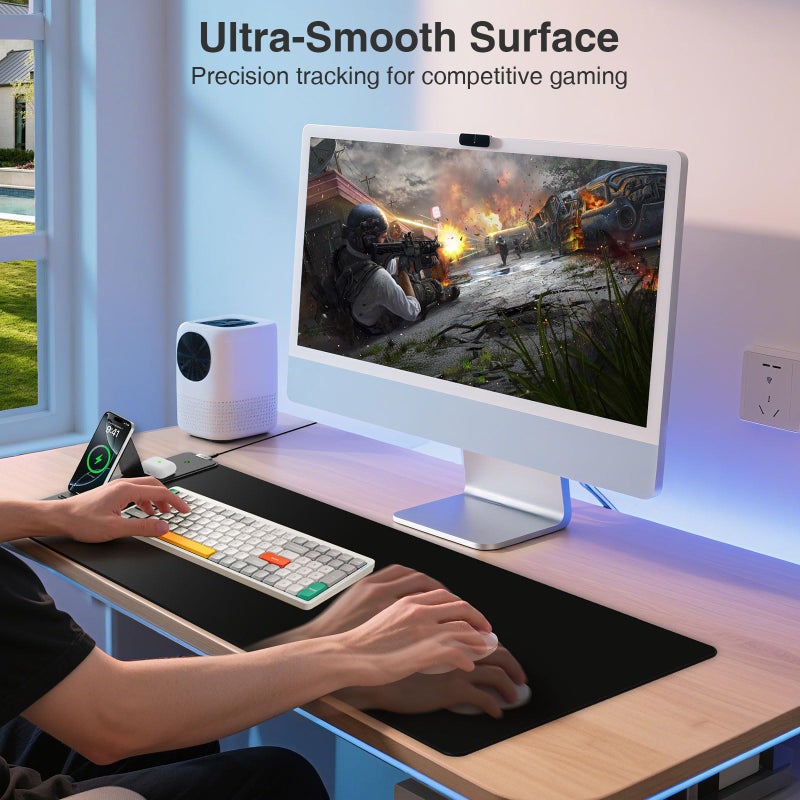 abc.mat Wireless Charging Mouse Pad with Foldable Phone Holder, 31.5"x15.8" Extended Desk Mat for Laptop/Keyboard, Waterproof Ultra-Smooth Surface, Non-Slip Base & 20W PD Adapter, Black - Image 5