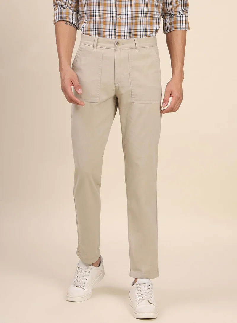 Dennis Lingo beige Men's Beige Cotton Blend Solid Full Length Chinos Tapered Fit Trouser for Men | Best Price UAE