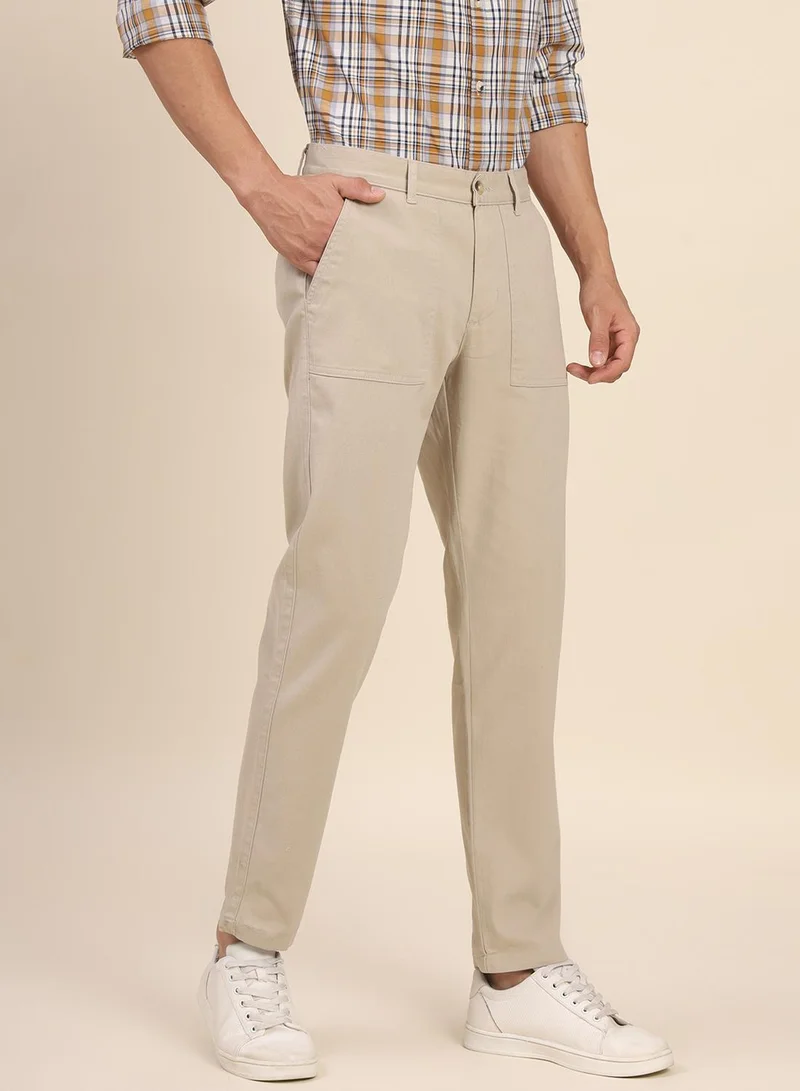Dennis Lingo beige Men's Beige Cotton Blend Solid Full Length Chinos Tapered Fit Trouser for Men | Best Price UAE