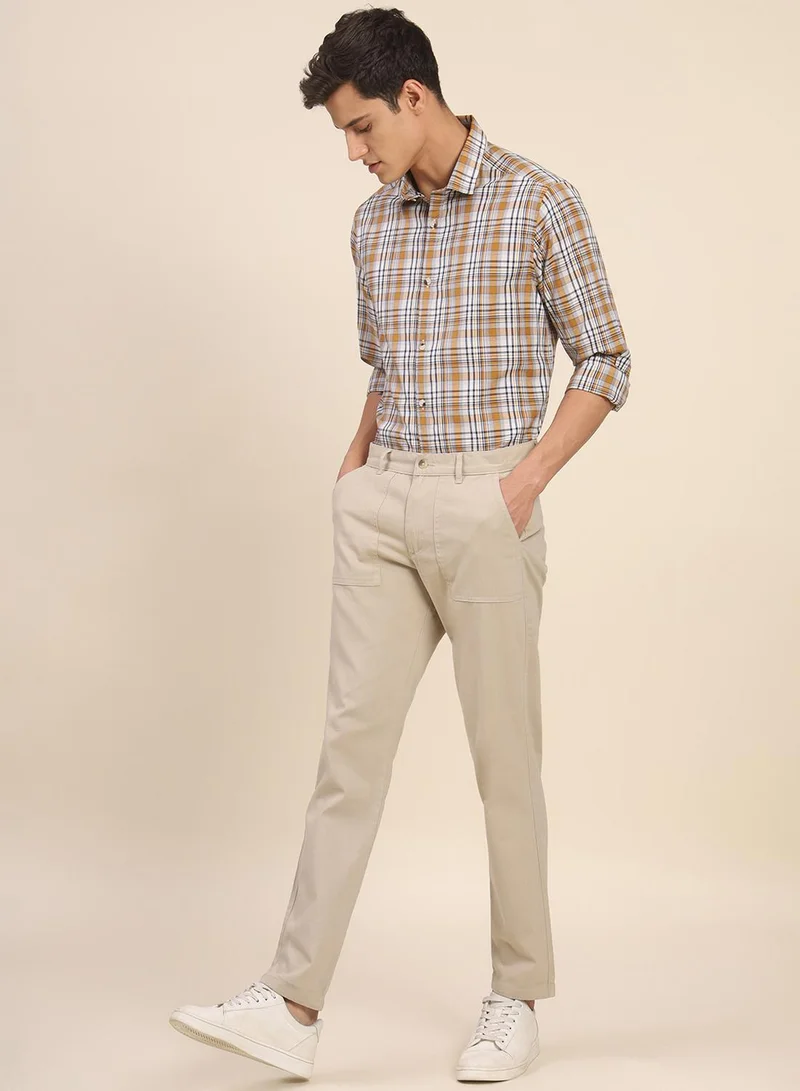 Men's Beige Cotton Blend Solid Full Length Chinos Tapered Fit Trouser