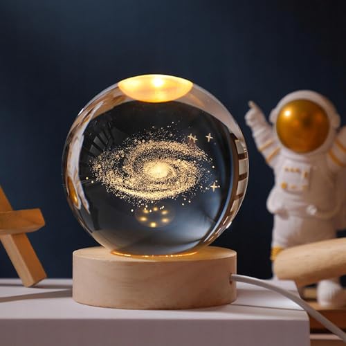 Quace Galaxy Solar System Crystal Ball Night Light, Glass Ball Night LED Lamp with Woodern Base,Decorations Gifts for Men,Women,Kids,Boys,Girls,Teens - Image 1