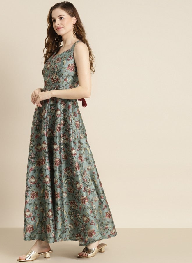 SASSAFRAS Olive Green & Maroon Floral Maxi Dress for Women - Image 3