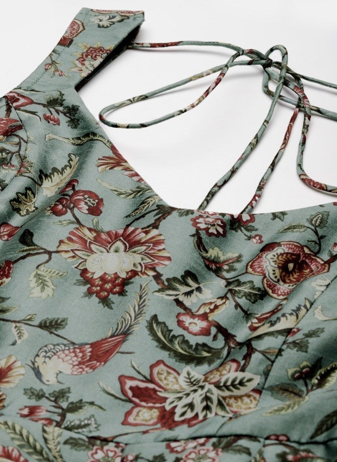 SASSAFRAS Olive Green & Maroon Floral Maxi Dress for Women - Image 2