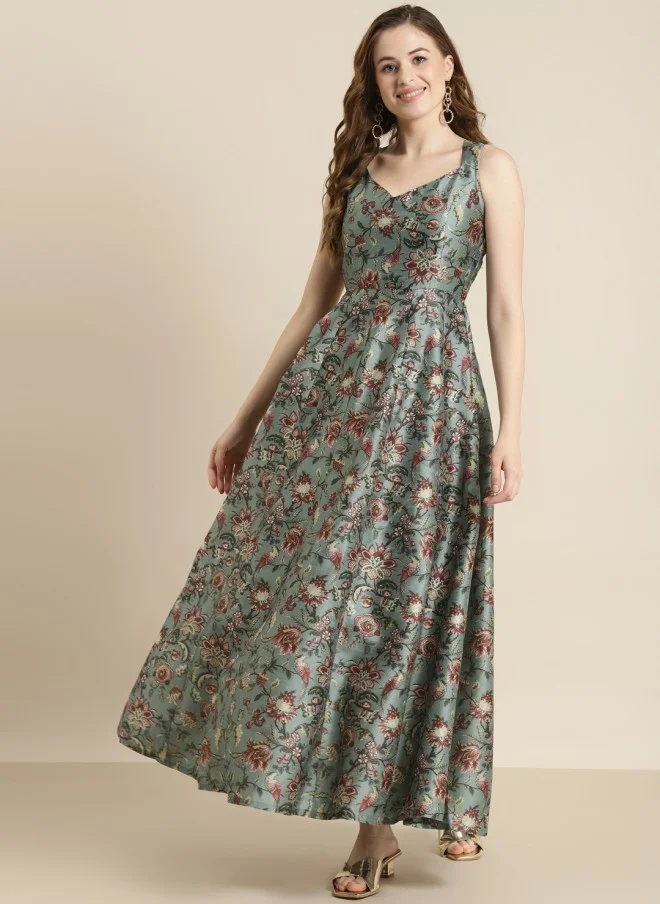 ساسافراس Olive Green & Maroon Floral Maxi Dress for Women