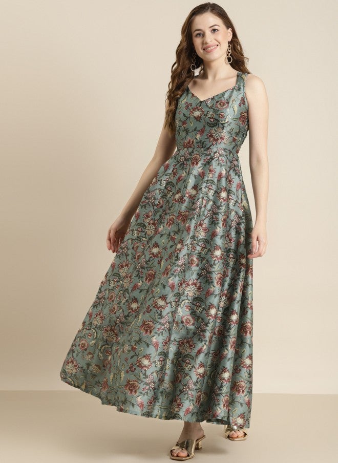 SASSAFRAS Olive Green & Maroon Floral Maxi Dress for Women - Image 1