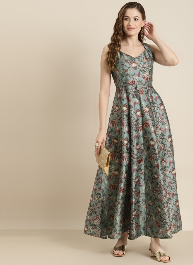 SASSAFRAS Olive Green & Maroon Floral Maxi Dress for Women - Image 5