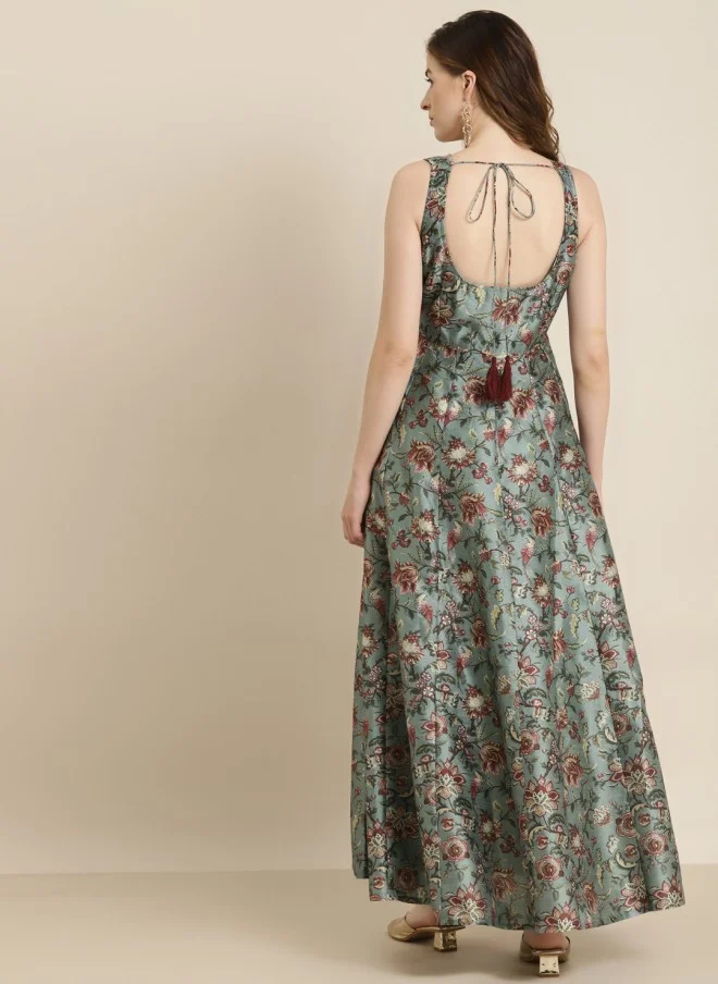 ساسافراس Olive Green & Maroon Floral Maxi Dress for Women