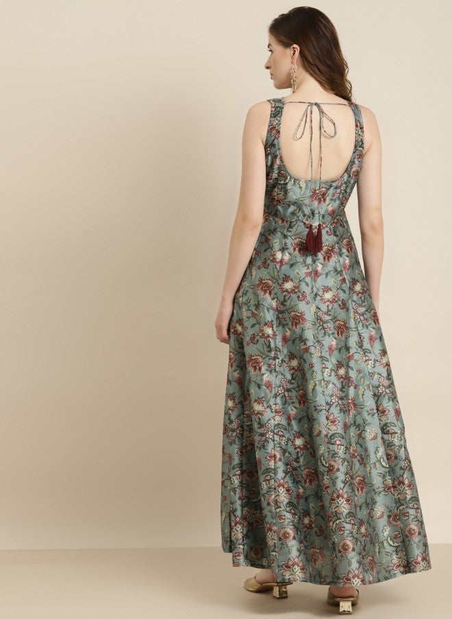 SASSAFRAS Olive Green & Maroon Floral Maxi Dress for Women - Image 4