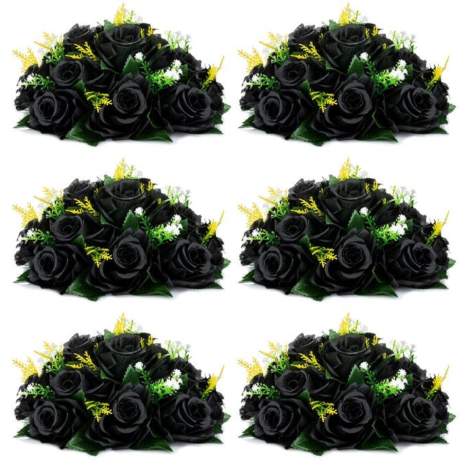 Black Artificial Roses Flowers 6 Pcs Fake Flower Bouquet Halloween Decorations 15 Heads Artificial Rose Centerpieces with Base for Gothic Wedding Party Table Decor