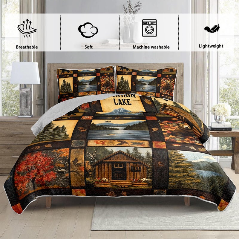 UEVBF Country Cabin Quilts King Size,Bear Forest Bedding Set for Room Decor,3-Piece Lightweight All Season Quilt Set,Countryside Bedding with 2 Pillowcases. - Image 3