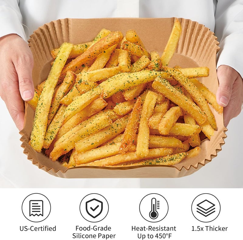 prcmsafldbp Air Fryer Liners, 125 Pcs Disposable Air Fryer Liners for Home Bakers, 8 Inch Non-Stick Air Fryer Liner Square Free of Bleach, Withstands up to 450°F Heat for Air Fryer 5 to 8 Qt - Image 2