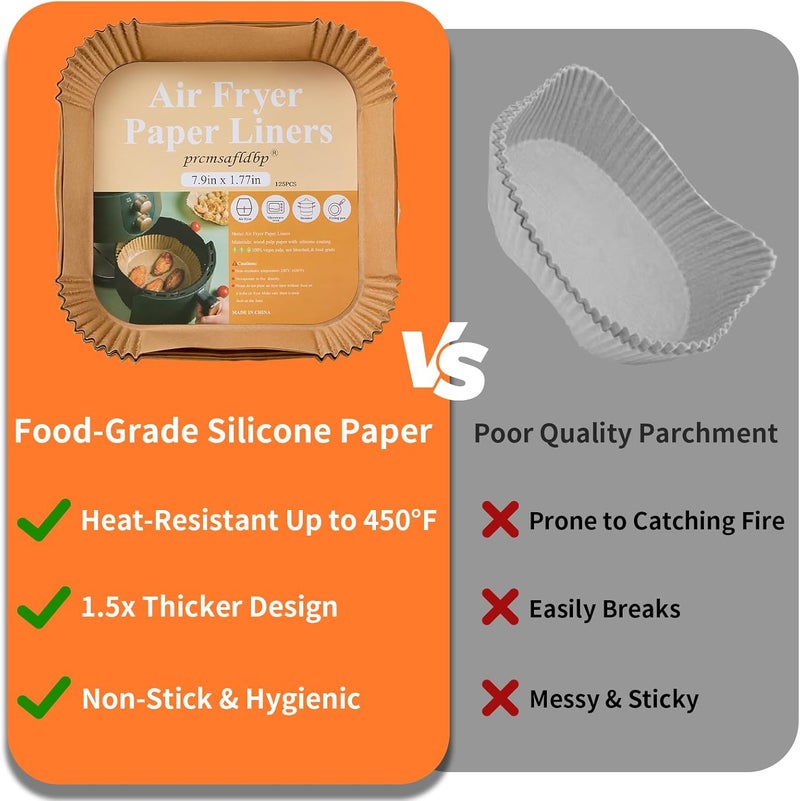 prcmsafldbp Air Fryer Liners, 125 Pcs Disposable Air Fryer Liners for Home Bakers, 8 Inch Non-Stick Air Fryer Liner Square Free of Bleach, Withstands up to 450°F Heat for Air Fryer 5 to 8 Qt - Image 3