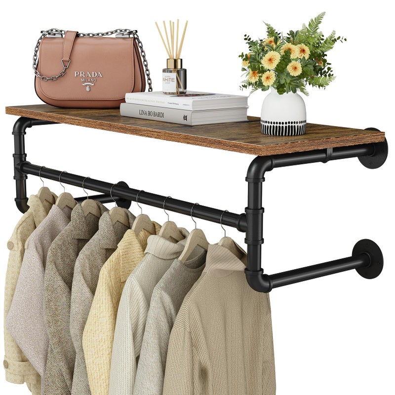 UlSpeed Clothes Rack with Top Shelf, 29.1in Industrial Pipe Wall Mounted Garment Rack, Space-Saving Display Hanging Clothes Rack, Heavy Duty Detachable Multi-Purpose Hanging Rod for Closet Storage - Image 1