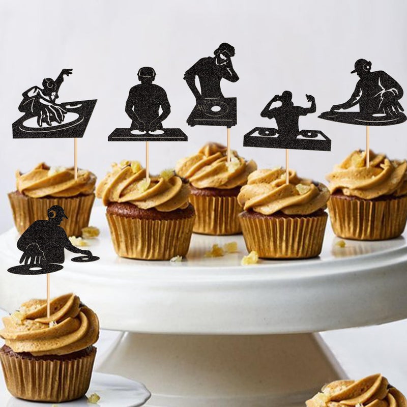 Ercadio 24PCS DJ Cupcake Toppers Glitter Black Rock Music DJing Picks DJ Disco Music Rock Hip Hop Musical Birthday Cake Rock and Roll Theme Baby Shower Music Party Cake Decorations Supplies - Image 4