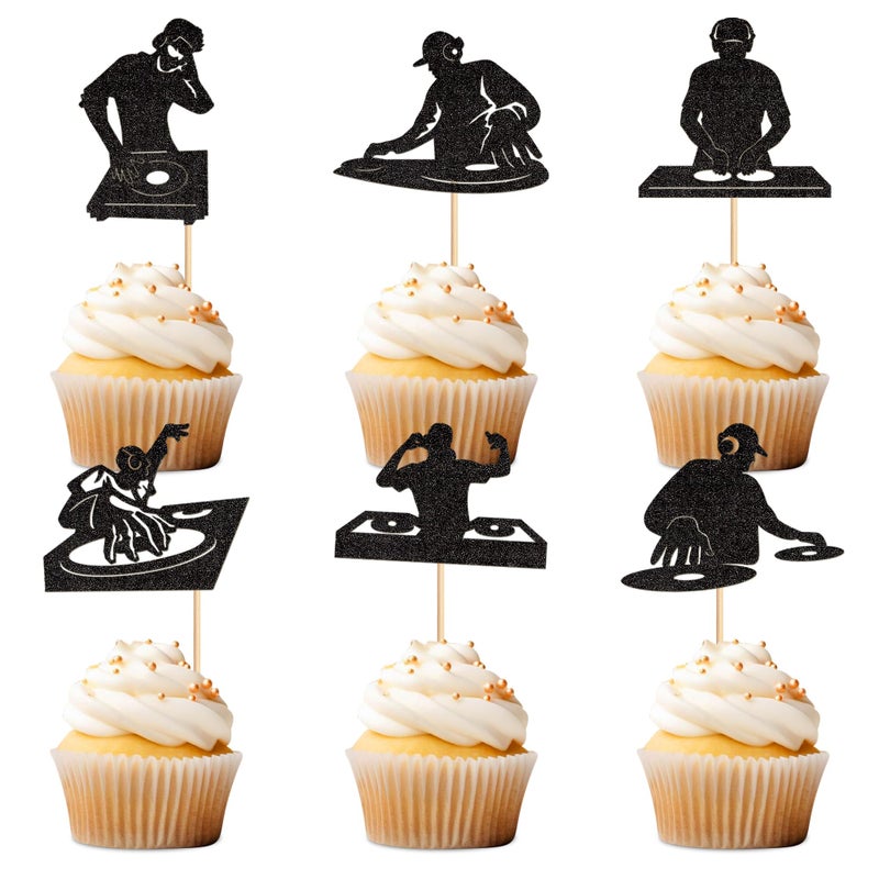 Ercadio 24PCS DJ Cupcake Toppers Glitter Black Rock Music DJing Picks DJ Disco Music Rock Hip Hop Musical Birthday Cake Rock and Roll Theme Baby Shower Music Party Cake Decorations Supplies - Image 1