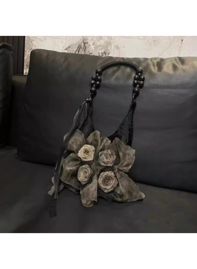 Vintage Chinese Style Grass And Wood Pad Dye Rose Flower Bag Pleated Underarm Commuter Large Capacity Tote Single Shoulder Portable-Color:dark Khaki - Image 3