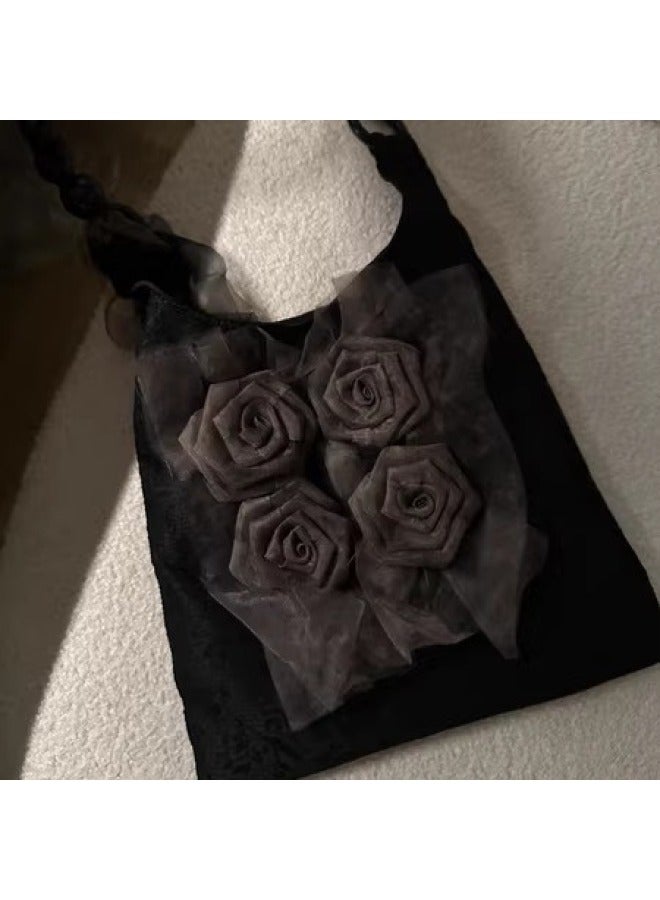 Vintage Chinese Style Grass And Wood Pad Dye Rose Flower Bag Pleated Underarm Commuter Large Capacity Tote Single Shoulder Portable-Color:dark Khaki - Image 4