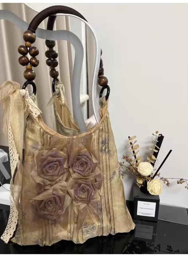 Vintage Chinese Style Grass And Wood Pad Dye Rose Flower Bag Pleated Underarm Commuter Large Capacity Tote Single Shoulder Portable-Color:dark Khaki - Image 1