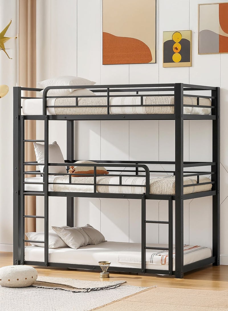 يانارا سرير ثلاثي طبقات متين للغاية، مناسب لمرتبة 90×190 سم، أسرة معدنية مزدوجة/ثلاثية مع سلم، صديقة للعائلة لجميع الأعمار، لغرفة النوم، لا حاجة لصندوق زنبركي، تركيب سهل، باللون الأسود - Image 1