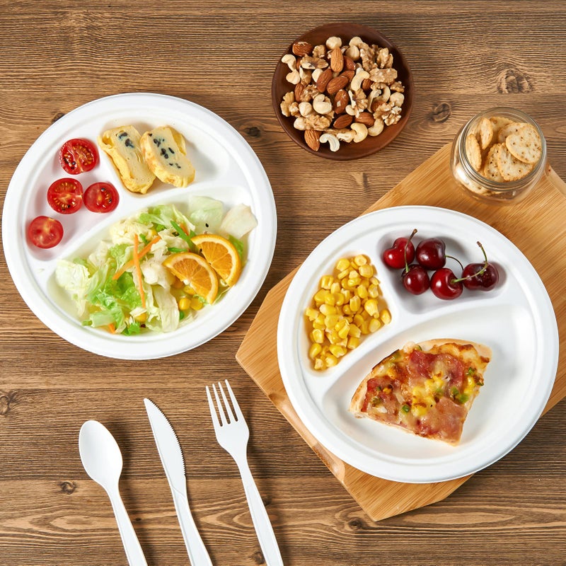 Vplus 100% Compostable Paper Plates  150 Pack 9 Inch 3 Compartment Plates Disposable  Heavy Duty Biodegradable Plates Made of Sugar Cane Fibers  for Daily meals  Dinner  Parties  BBQ - Image 2