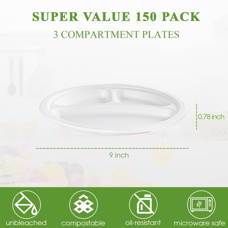 Vplus 100% Compostable Paper Plates  150 Pack 9 Inch 3 Compartment Plates Disposable  Heavy Duty Biodegradable Plates Made of Sugar Cane Fibers  for Daily meals  Dinner  Parties  BBQ - Image 3