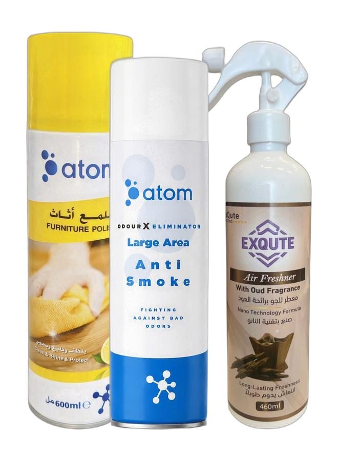 أتوم مزيل الدخان والروائح – 600 مل –  ومعطر الجو من إكسكيوت برائحة العود – 460 مل وباقة بخاخ تلميع الأثاث من أتوم – 600 مل. - Image 3