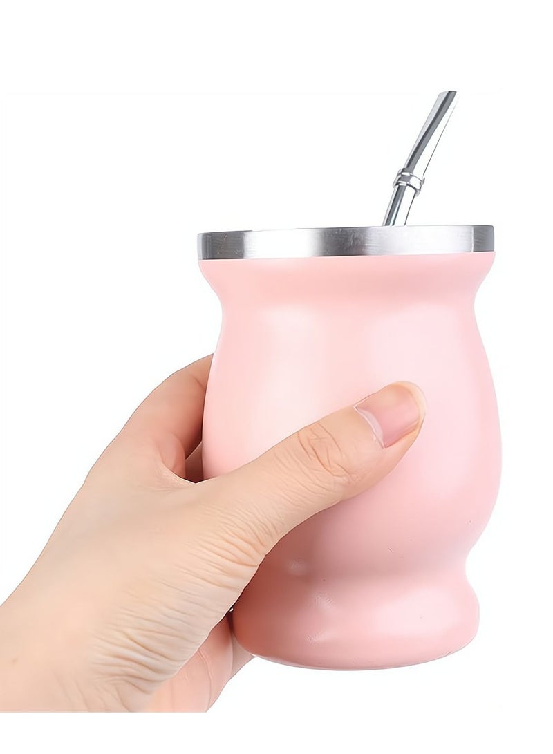Y&D Yerba Mate Tea Cup 230 ml Pink Color Stainless Steel Double Walled Easy Wash Household Insulation Gourds for Loose Leaf Drinking with Bombilla Straw  - Image 1