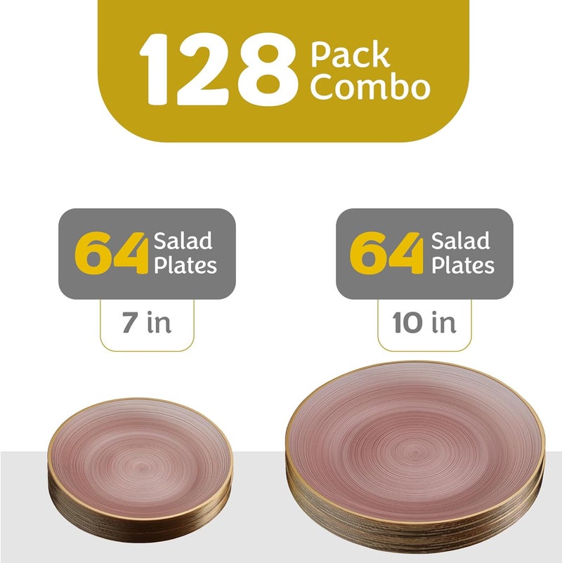 PLASTICPRO 128 Pieces Crystal Design Plastic Plates Combo Pack 64-7 inch and 64-10 inch Elegant Disposable Plates, Rose Color With Gold Rim - Image 3