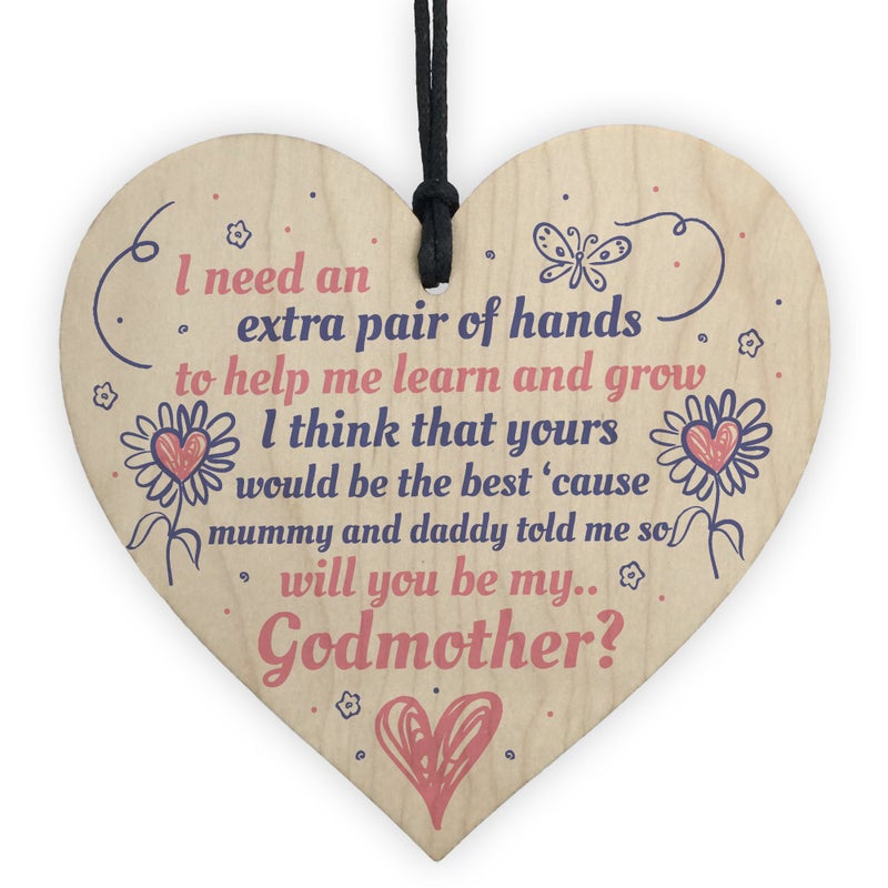 RED OCEAN Will You Be My Godmother Wooden Heart Plaque Goddaughter Godson Christening Asking Gifts For Her