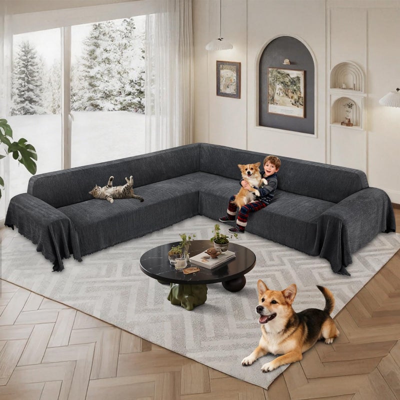 ROFASVCO 1OO% Waterproof Corner Sectional Couch Covers L Shape Chenille Sectional Sofa Cover with Tassel Soft Thick Washable Sofa Slipcover Furniture Protector for Dogs Pets (91" x 276",Charcoal Grey) - Image 2