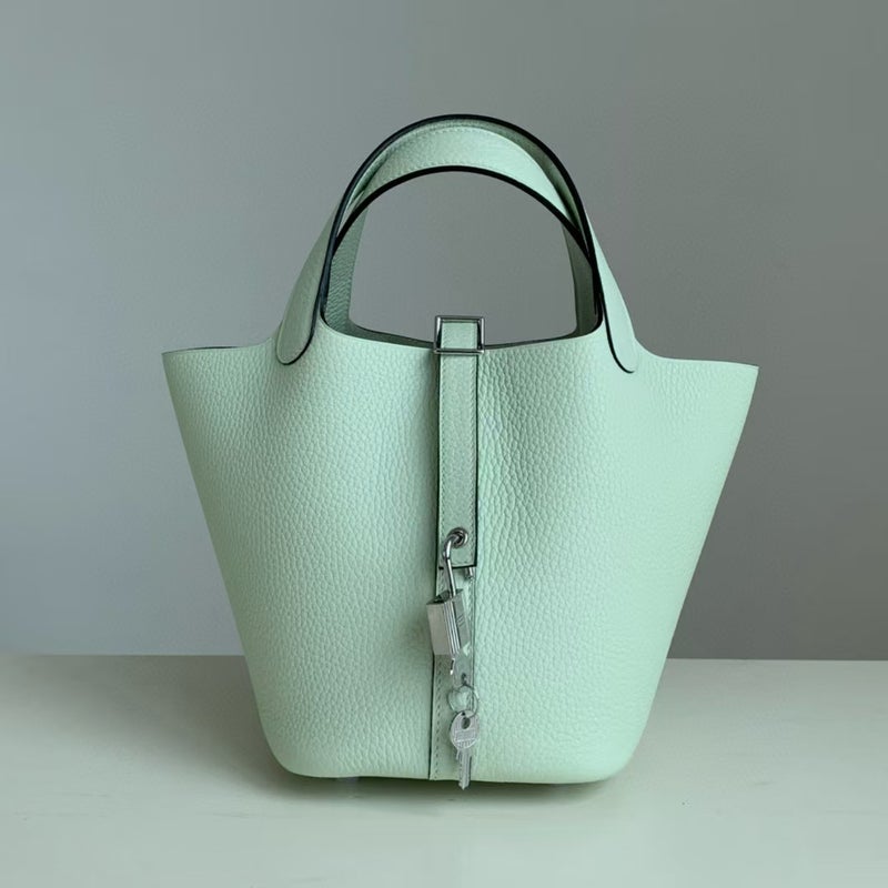 18cm Wax Line Hand Sewed TC Top Layer Cowhide Vegetable Basket Bag Bucket Bag Genuine Leather Womens Bag Handbag Bubble green 