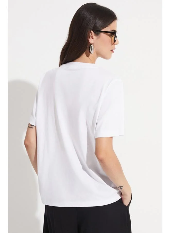جون June Rib Detailed 100% Cotton Tshirt White