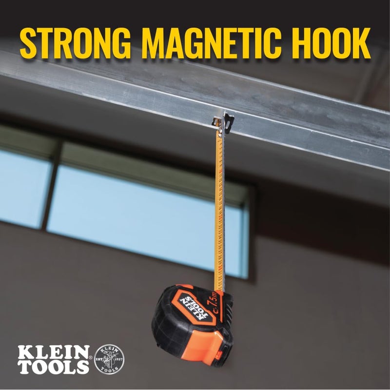 Klein Tools 9375 Tape Measure, Heavy-Duty Measuring Tape with 7.5 m Metric Double-Hook Double-Sided Nylon Reinforced Blade, Metal Belt Clip - Image 3