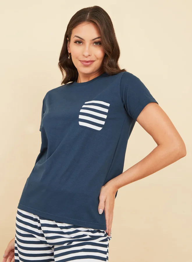 Styli Styli Cotton Striped Pocket T-Shirt and Pyjama Set