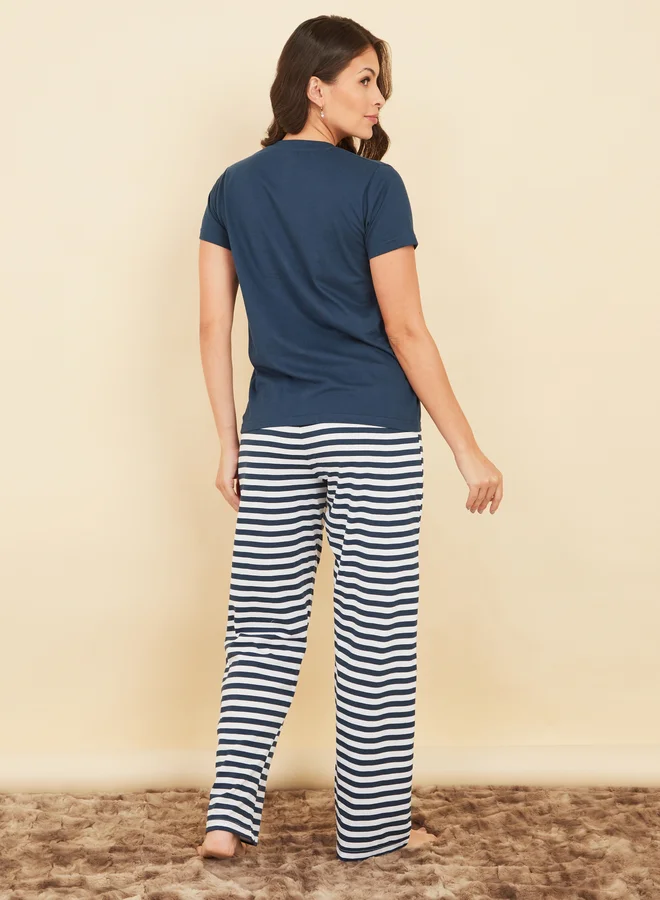 Styli Styli Cotton Striped Pocket T-Shirt and Pyjama Set