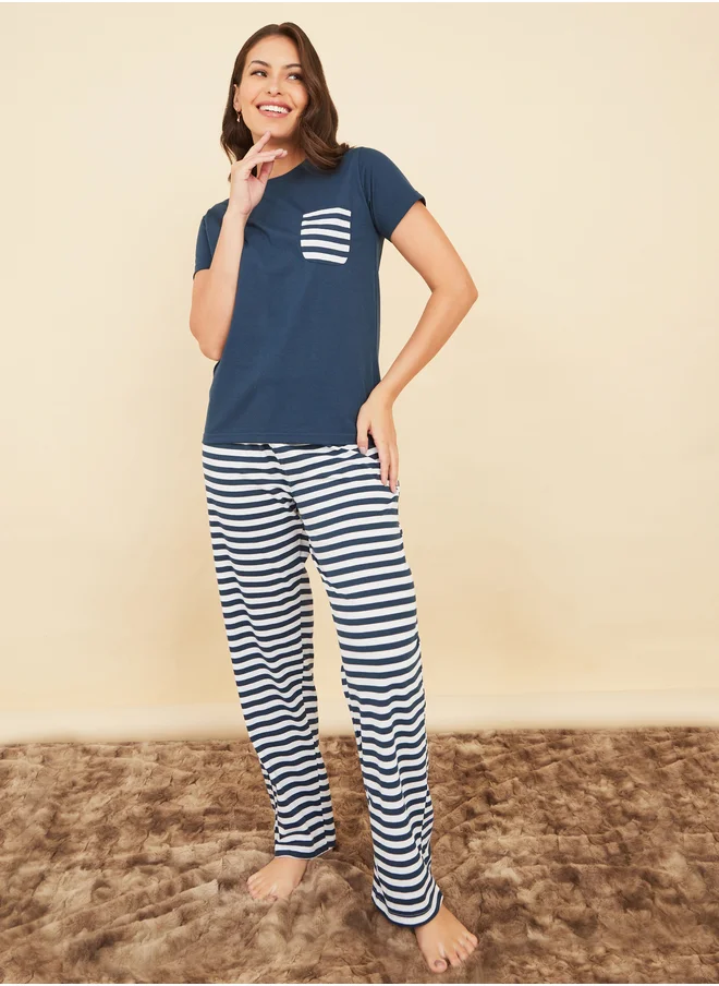ستايلي Styli Cotton Striped Pocket T-Shirt and Pyjama Set