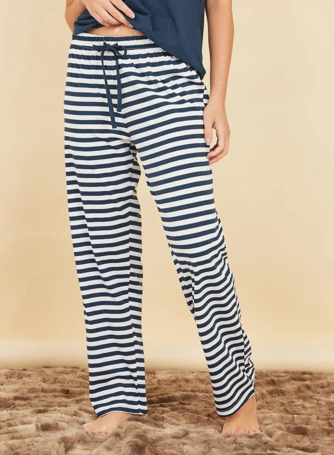Styli Styli Cotton Striped Pocket T-Shirt and Pyjama Set
