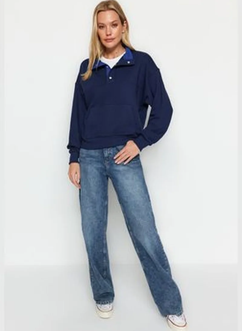 trendyol Navy Blue Regular/Normal Fit Stitching Detail with Press-studs Stand Up Collar Thick Knitted Sweatshirt TWOAW24SW00040.