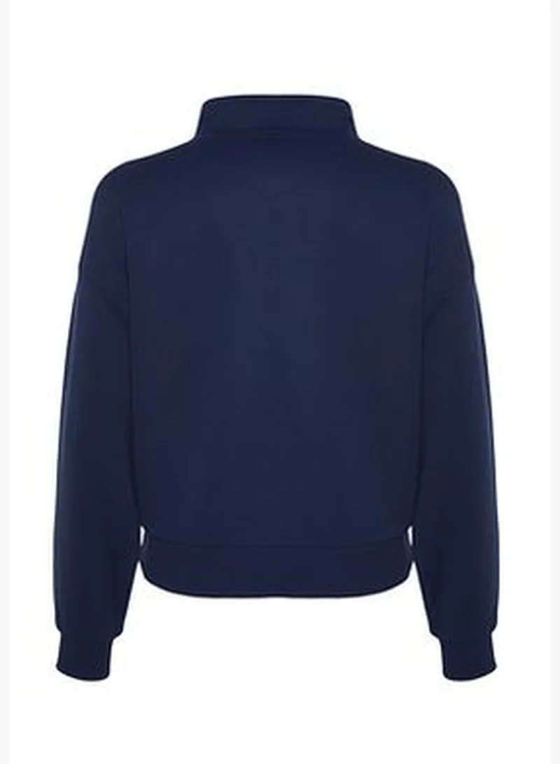 trendyol Navy Blue Regular/Normal Fit Stitching Detail with Press-studs Stand Up Collar Thick Knitted Sweatshirt TWOAW24SW00040.