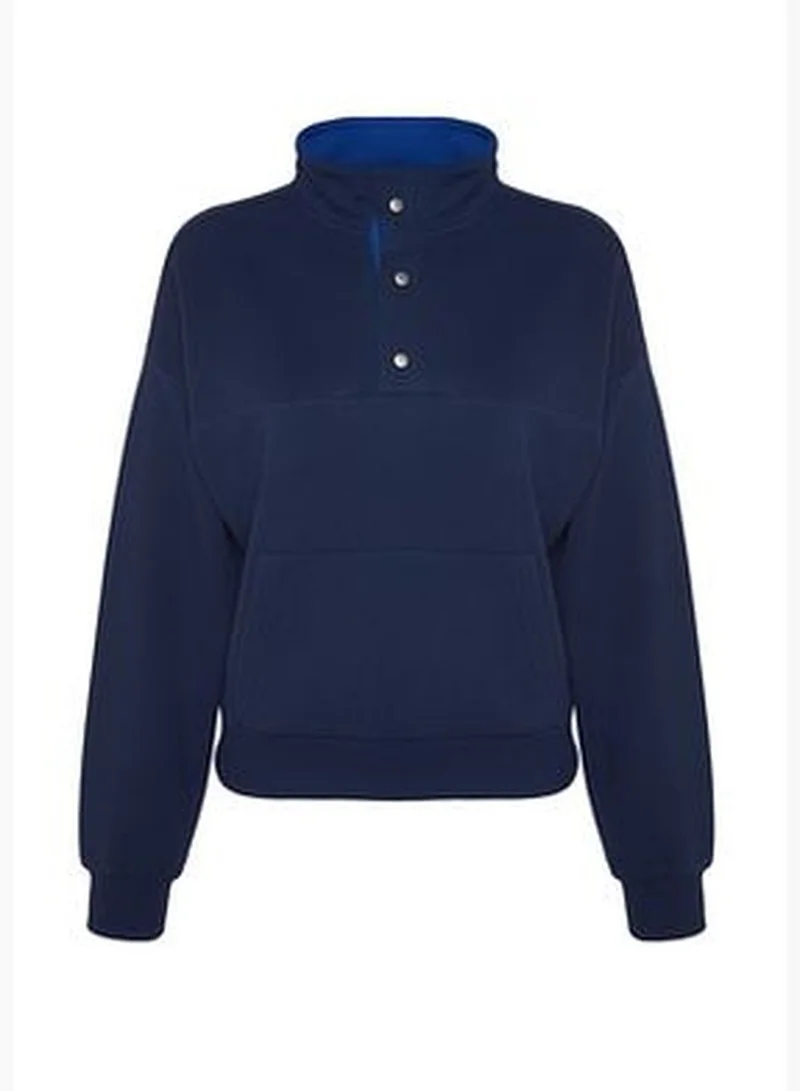 trendyol Navy Blue Regular/Normal Fit Stitching Detail with Press-studs Stand Up Collar Thick Knitted Sweatshirt TWOAW24SW00040.