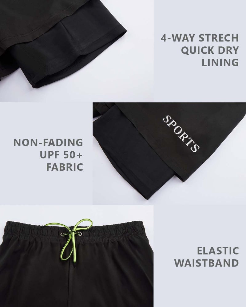 KANAV Mens Swim Trunks with Compression Liner 2 in 1 Quick-Dry Swim Shorts Lined Board Shorts Black Solid - Image 5
