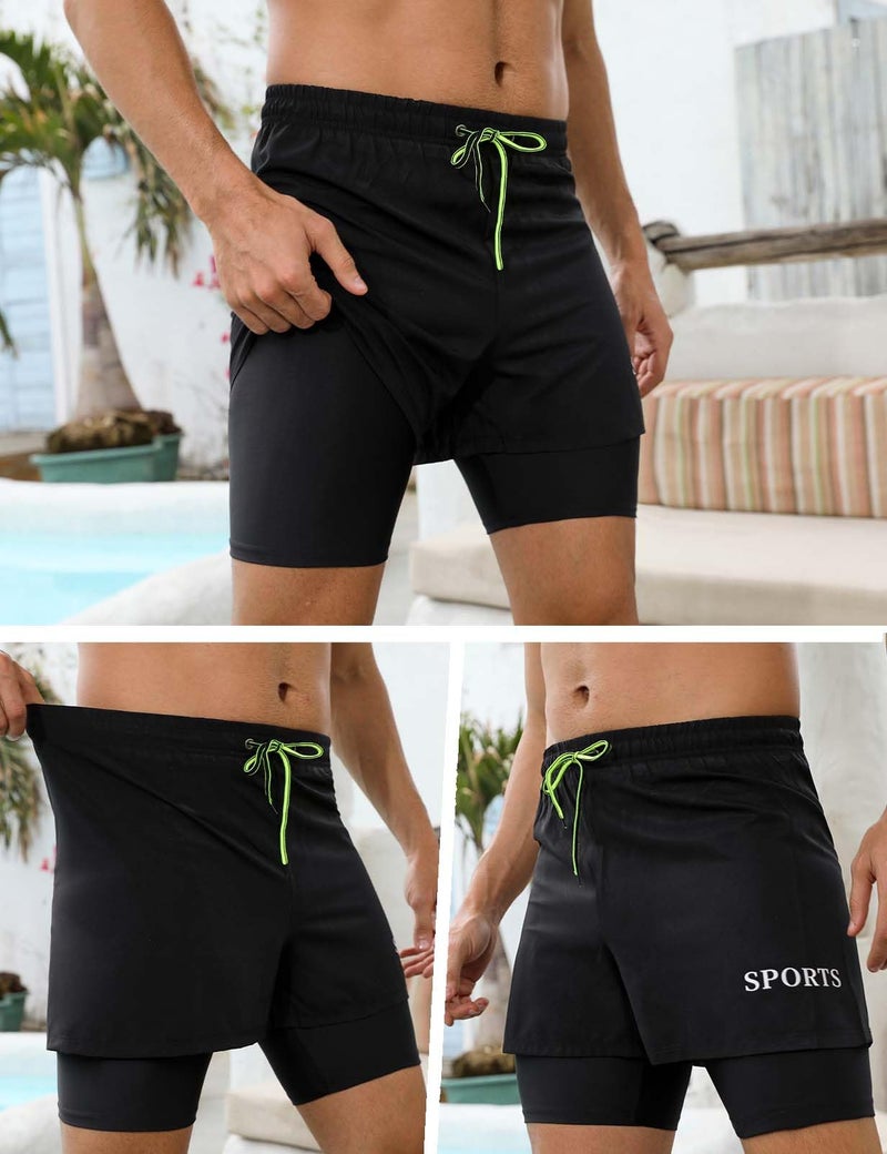 KANAV Mens Swim Trunks with Compression Liner 2 in 1 Quick-Dry Swim Shorts Lined Board Shorts Black Solid - Image 3