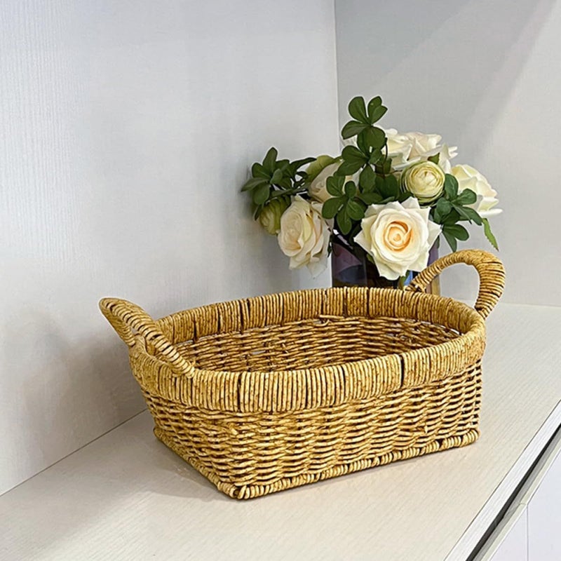 Tea Color Handwoven Rattan Storage Basket Double Handle Kitchen Pantry Organization - Image 5