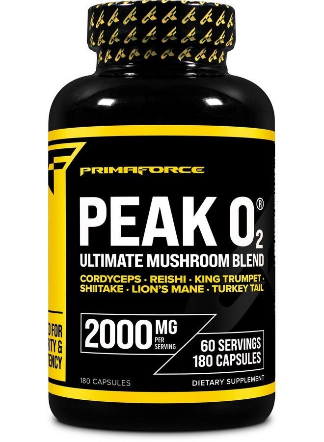 Primaforce Peak O2 Performance Mushroom Powered Oxygen Absorption Booster (180 Capsules) (2,000 mg Per Serving, 60 Servings) - Athletic Performance Supplement, Ultimate Mushroom Blend - Image 1