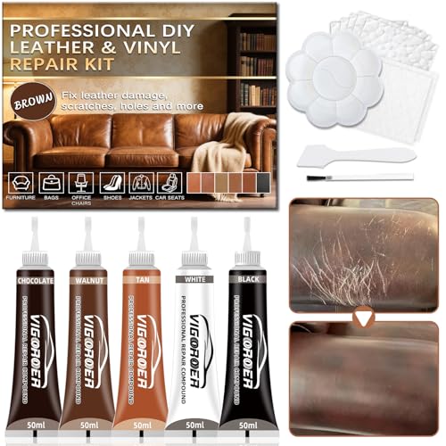 Vigorder Brown Leather Repair Kit for Furniture, Leather Couch Repair Kit for Furniture, Sofa, Jacket, Purse – Super Easy Instructions to Fix Scratches, Tears, Holes, and Peeling - Image 1
