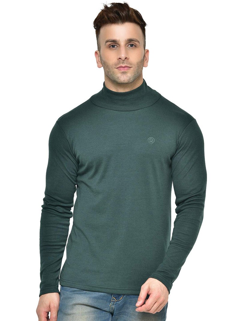 CHKOKKO Men’s Full Sleeve Cotton High Neck T Shirt | Stylish Regular Fit Winter Wear | Soft Stretchy Fabric Casual Layering Outfit | Trendy Solid Tshirt for Men DRKGREEN XL - Image 1