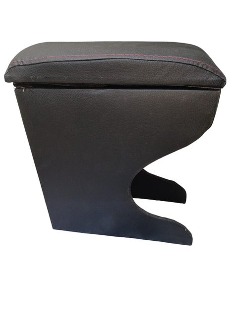 Car Armrest Unit with Leather and Plastic Storage Box with Armrest Pillow, Renault Logan, Black with Red Stitching